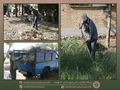 علف زنی و جمع آوری زباله های رها شده در آرامستان شهدا
